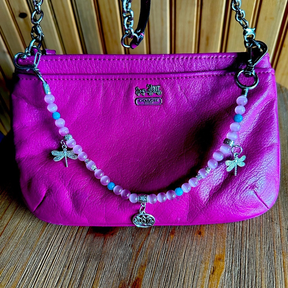 Handmade by me Purse chain w dragon fly & lotus flower charms Genuine stones.